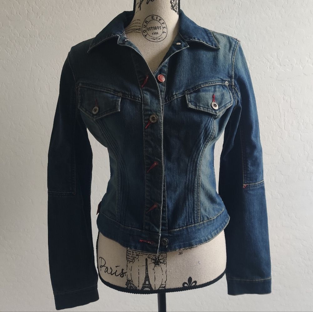EckoRed Y2K 2000s Vintage Dark-wash Blue Cotton-blend Denim Jean Jacket_small